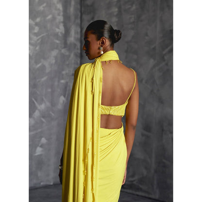 Manika Nanda Yellow Embellished Pre Draped Saree with Stitched Blouse
