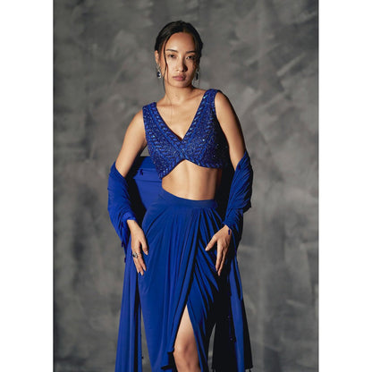 Manika Nanda Blue Rainfall Drape Skirt With Crop Top And Dupatta (Set of 3)