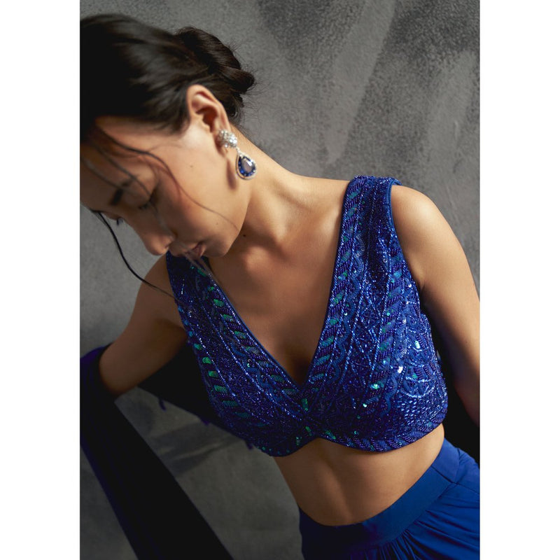 Manika Nanda Blue Rainfall Drape Skirt With Crop Top And Dupatta (Set of 3)