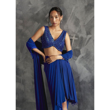 Manika Nanda Blue Rainfall Drape Skirt With Crop Top And Dupatta (Set of 3)