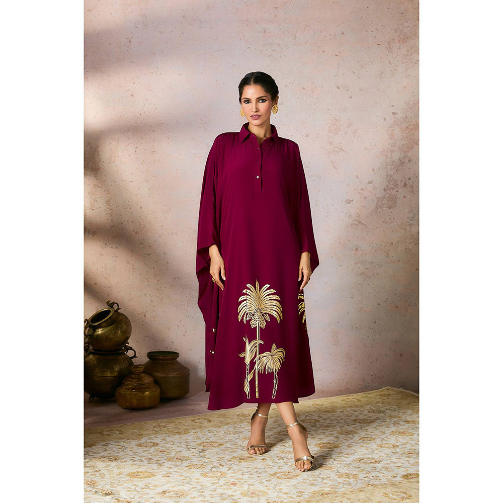 Masaba Burgundy Foil Print Kaftan Dress with Slip (Set of 2)