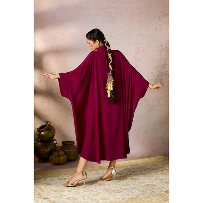 Masaba Burgundy Foil Print Kaftan Dress with Slip (Set of 2)
