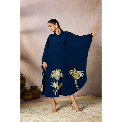 Masaba Blue Palm Foil Kaftan Dress with Slip (Set of 2)