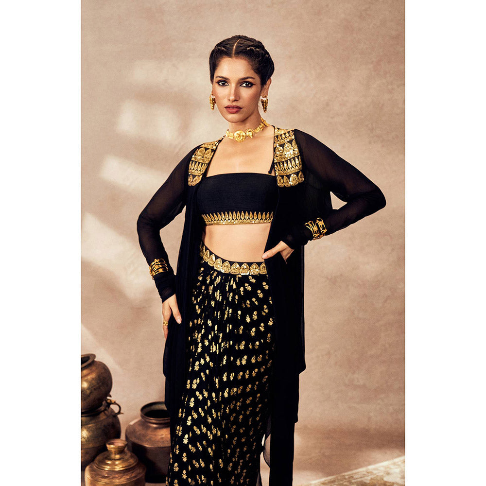 Masaba Black Pixie Dust Skirt with Bustier and Jacket (Set of 3)