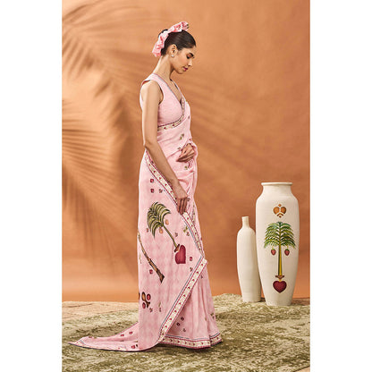 Masaba Pink Checkers Spade Bloom Saree with Unstitched Blouse