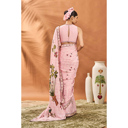 Masaba Pink Checkers Spade Bloom Saree with Unstitched Blouse