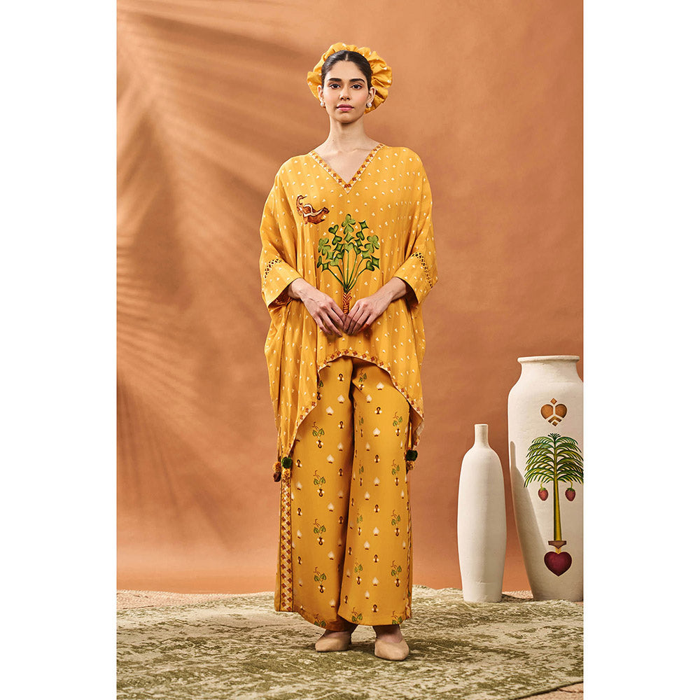 Masaba Mustard Ochre Spade Blossom Kaftan Top with Palazzo (Set of 2)