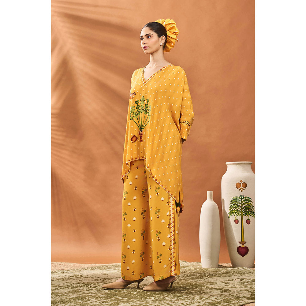 Masaba Mustard Ochre Spade Blossom Kaftan Top with Palazzo (Set of 2)