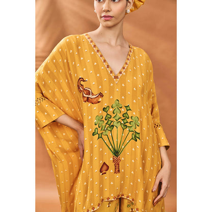 Masaba Mustard Ochre Spade Blossom Kaftan Top with Palazzo (Set of 2)