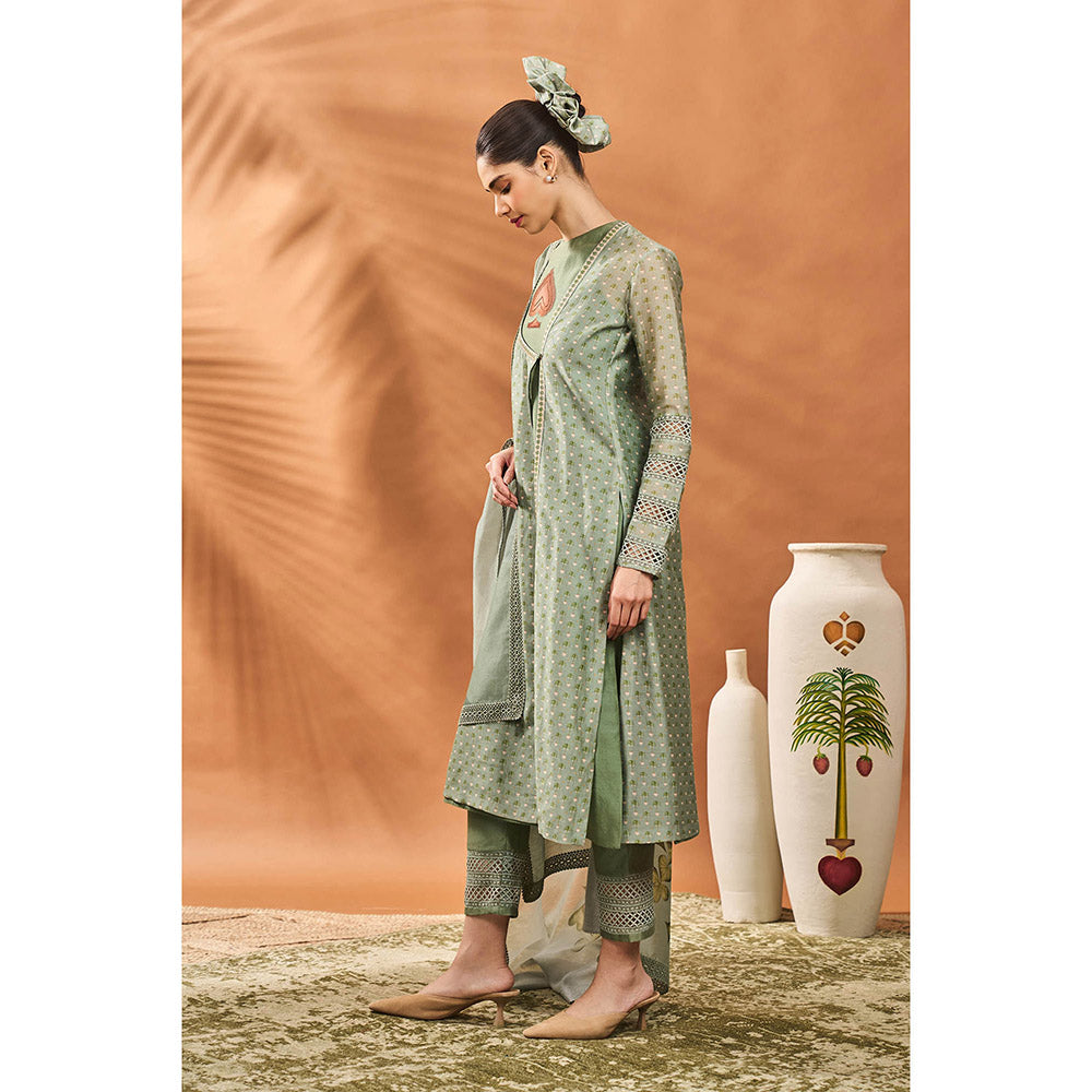 Masaba Sage Green Kurta with Pant, Jacket and Dupatta (Set of 4)