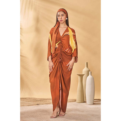 Masaba Brown Feathered Cinched Maxi Dress