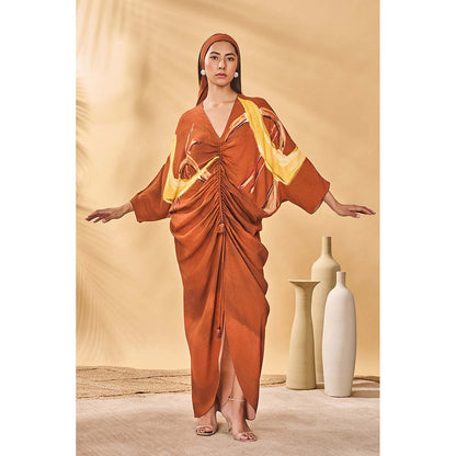 Masaba Brown Feathered Cinched Maxi Dress