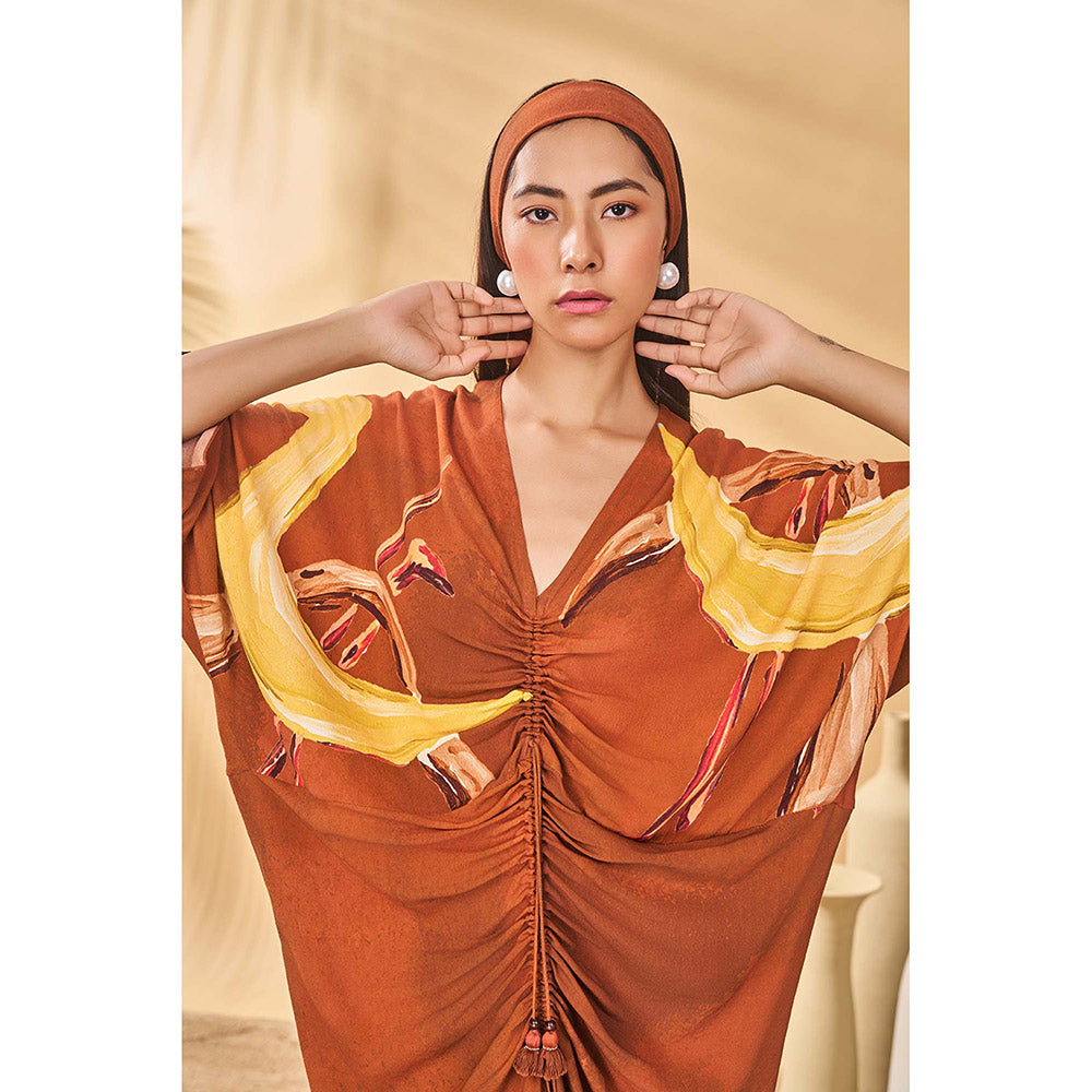 Masaba Brown Feathered Cinched Maxi Dress