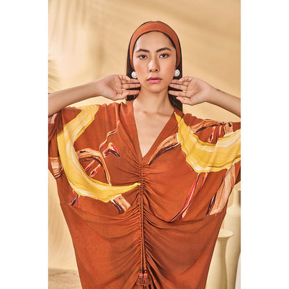 Masaba Brown Feathered Cinched Maxi Dress