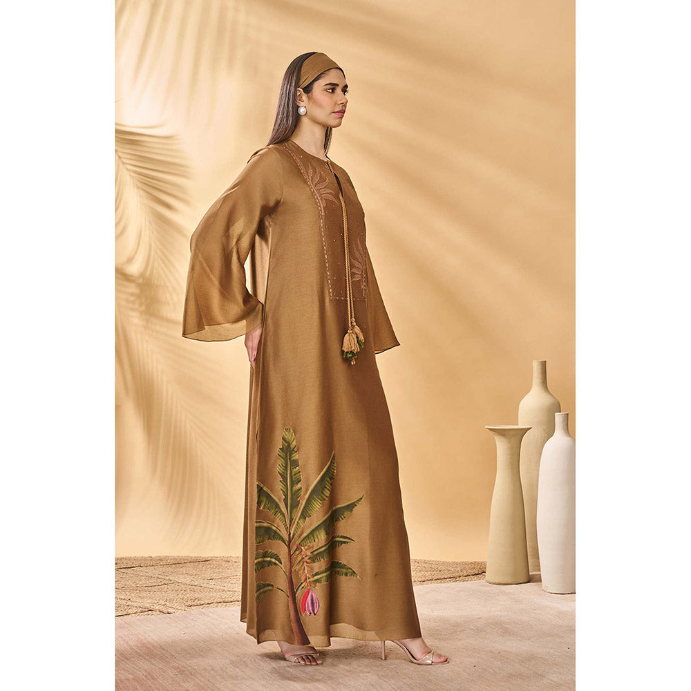 Masaba Brown Tan Trellis Palm Maxi Dress