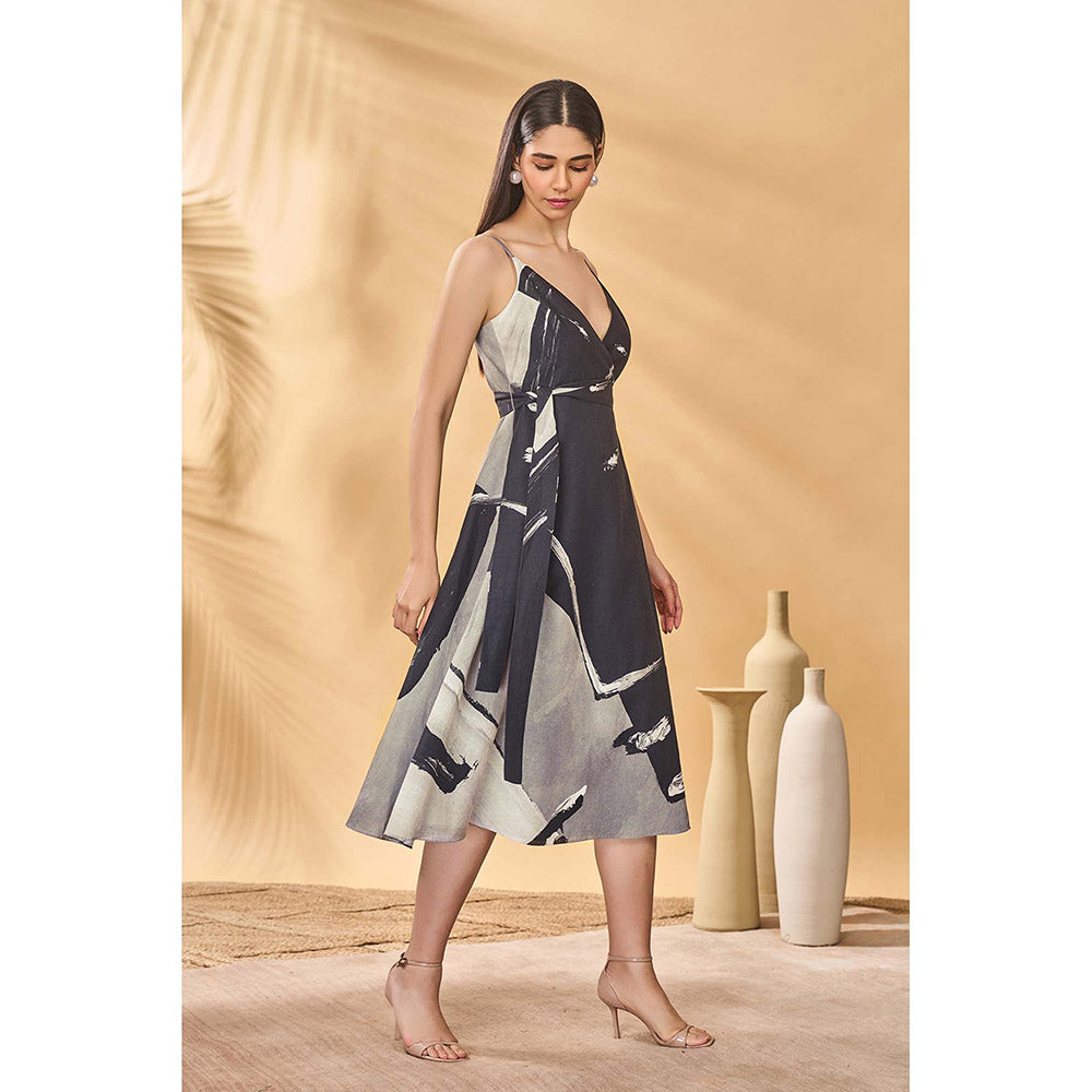 Masaba Black Hidden Gaze Wrap Dress with Belt (Set of 2)