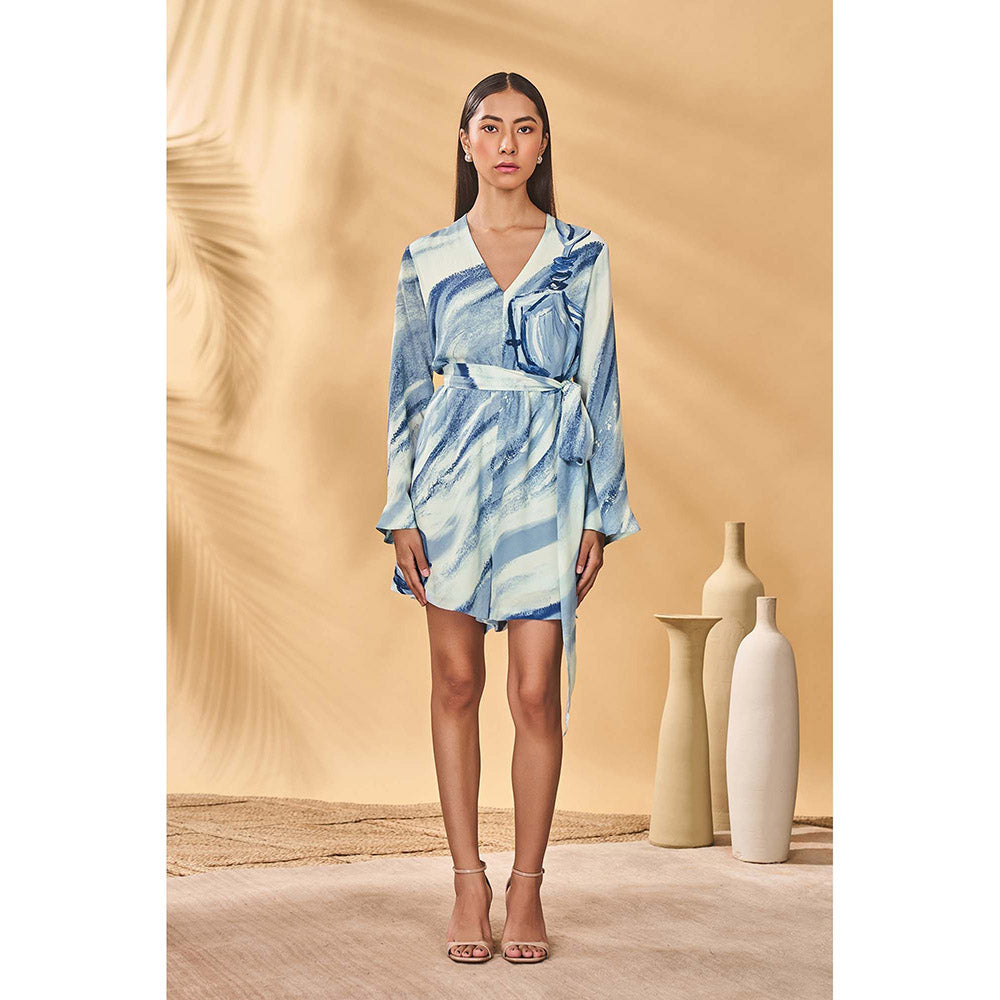 Masaba Blue Rhythmic Curves Playsuit with Belt (Set of 2)