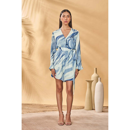 Masaba Blue Rhythmic Curves Playsuit with Belt (Set of 2)