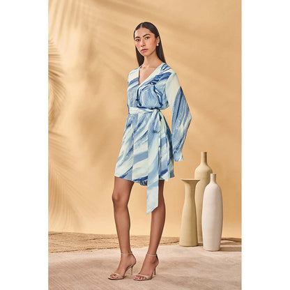 Masaba Blue Rhythmic Curves Playsuit with Belt (Set of 2)