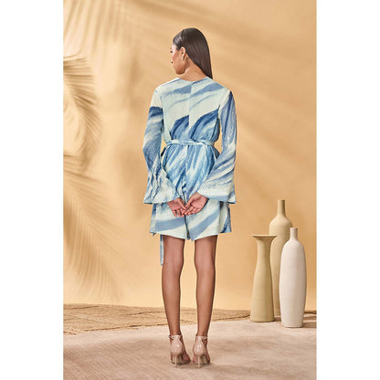 Masaba Blue Rhythmic Curves Playsuit with Belt (Set of 2)