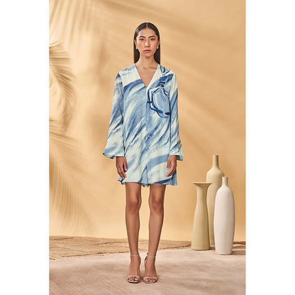 Masaba Blue Rhythmic Curves Playsuit with Belt (Set of 2)
