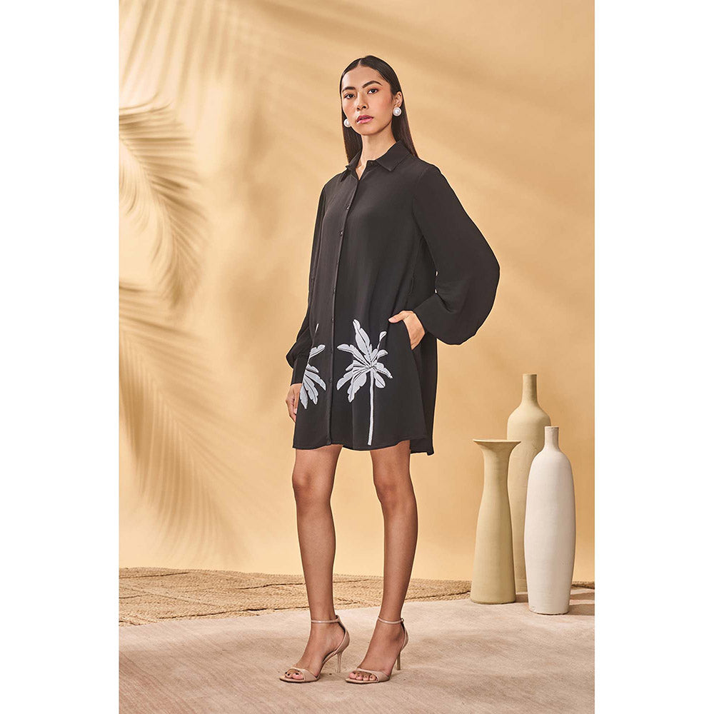 Masaba Black Trellis Palm Khadi Shirt Dress with Belt (Set of 2)