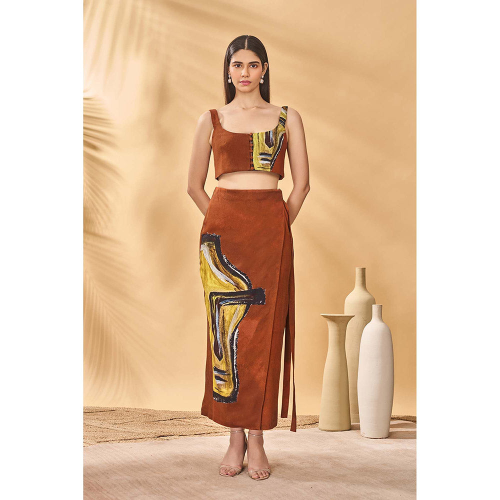 Masaba Brown Two Faced Paree Crop Top with Skirt (Set of 2)