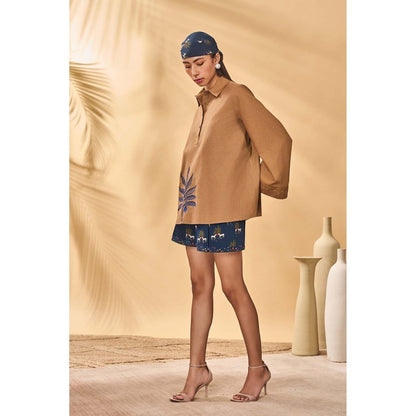 Masaba Brown Tan Trellis Palm Embroidered Top