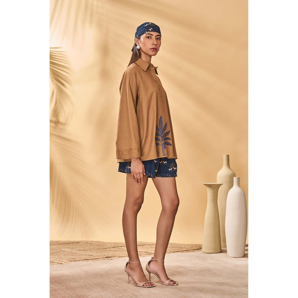 Masaba Brown Tan Trellis Palm Embroidered Top