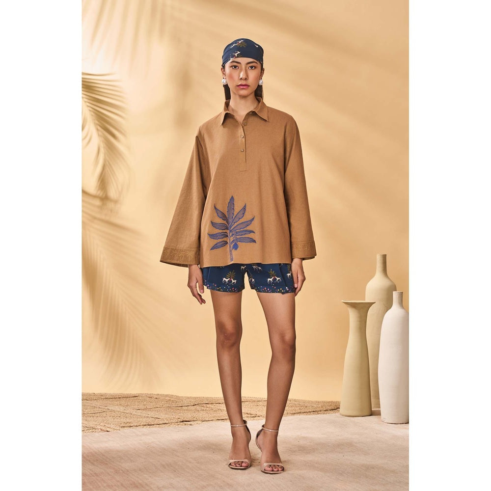 Masaba Brown Tan Trellis Palm Embroidered Top