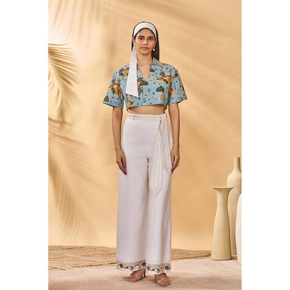 Masaba Blue Miniature Dreams Crop Top with Pant and Belt (Set of 3)