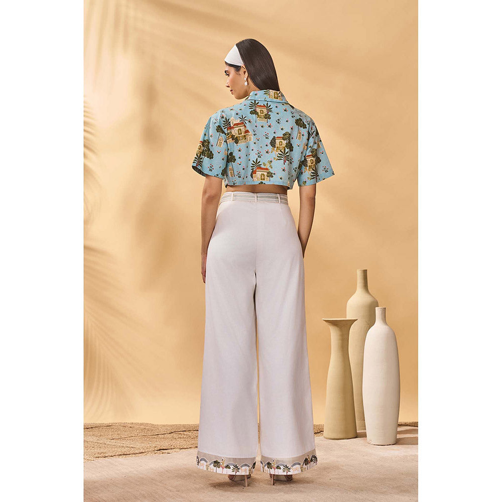 Masaba Blue Miniature Dreams Crop Top with Pant and Belt (Set of 3)