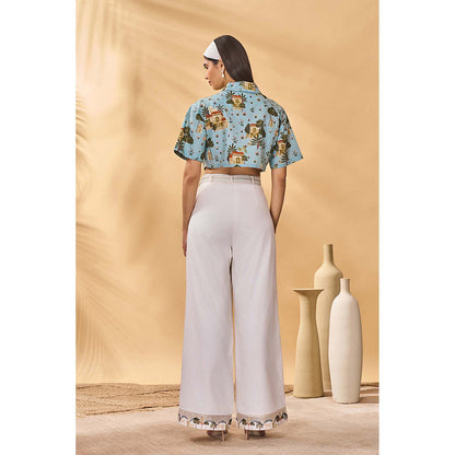 Masaba Blue Miniature Dreams Crop Top with Pant and Belt (Set of 3)