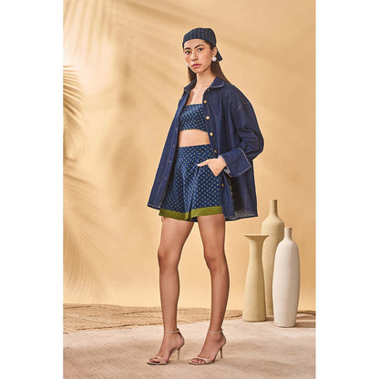 Masaba Blue Denim Trellis Shirt Short with Bustier and Shirt (Set of 3)