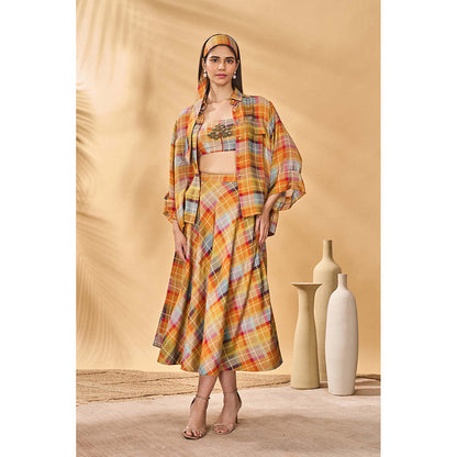 Masaba Multicolour Sundowner Checkered Bustier with Shirt and Skirt (Set of 3)