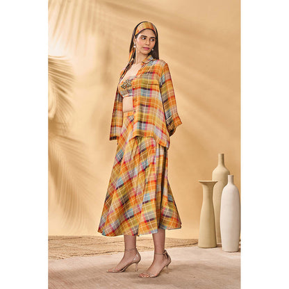 Masaba Multicolour Sundowner Checkered Bustier with Shirt and Skirt (Set of 3)