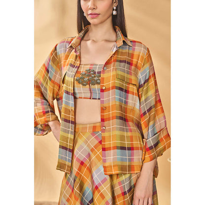 Masaba Multicolour Sundowner Checkered Bustier with Shirt and Skirt (Set of 3)