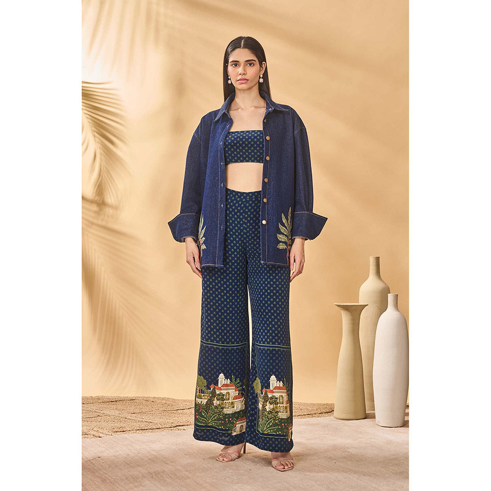 Masaba Blue Midnight Trellis Palm Bustier with Shirt and Pant (Set of 3)