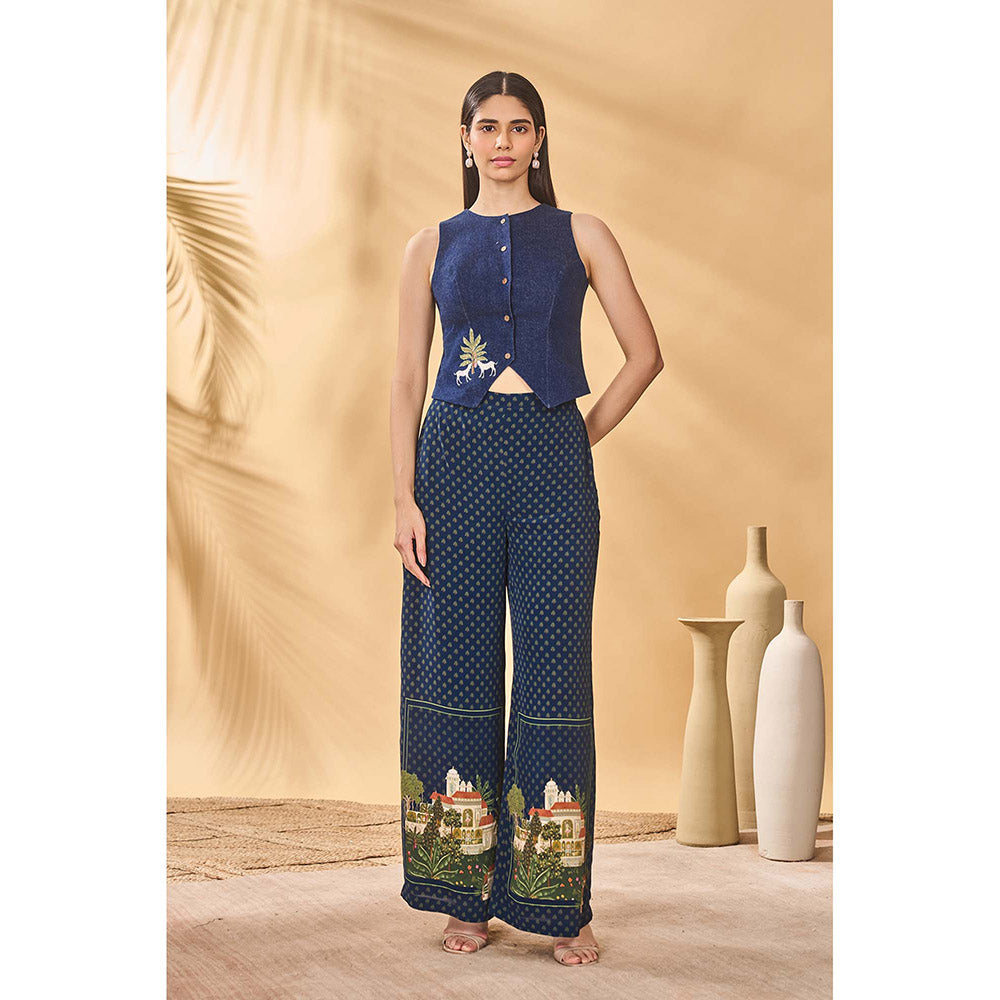 Masaba Blue Paw Tree Denim Waistcoat with Pant (Set of 2)