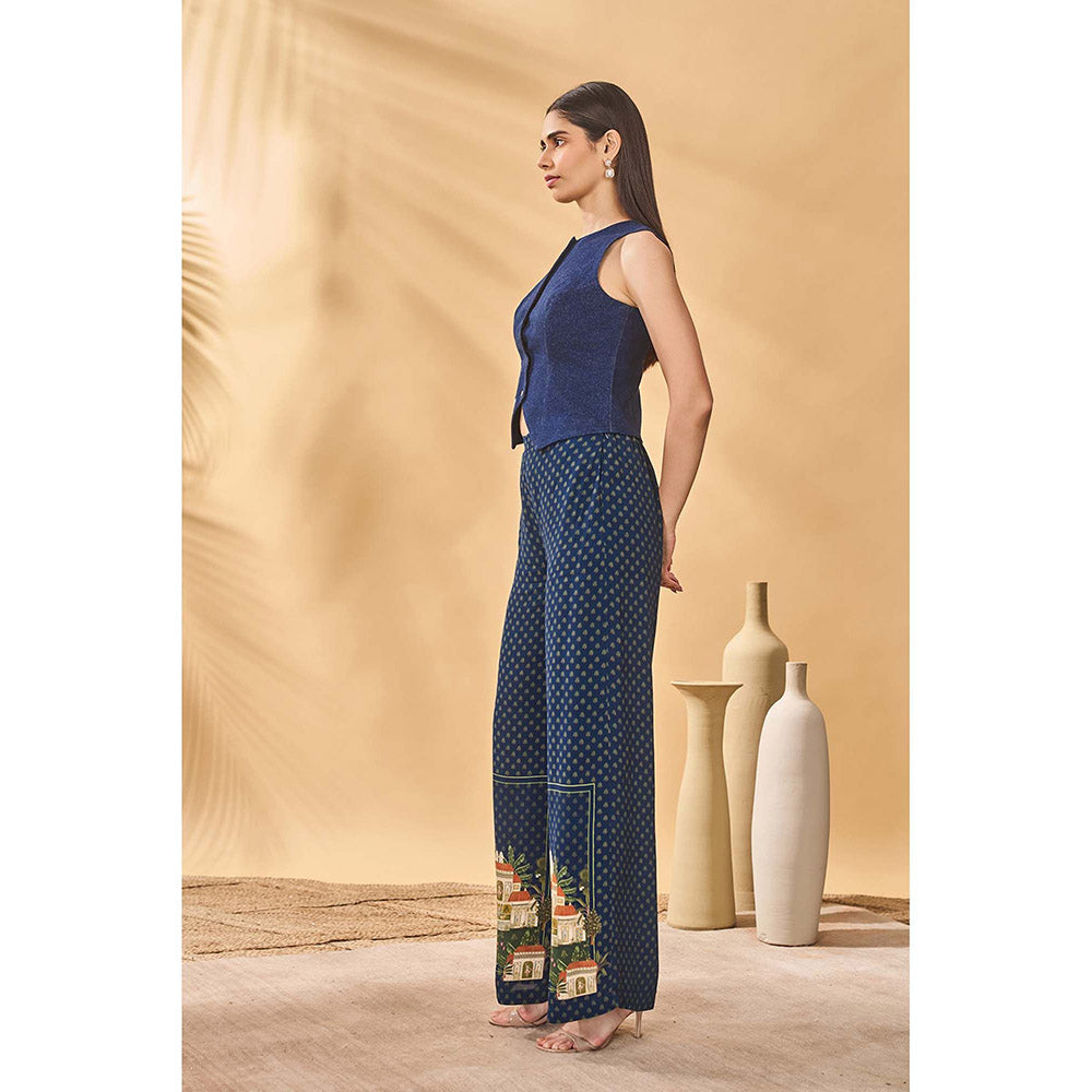 Masaba Blue Paw Tree Denim Waistcoat with Pant (Set of 2)