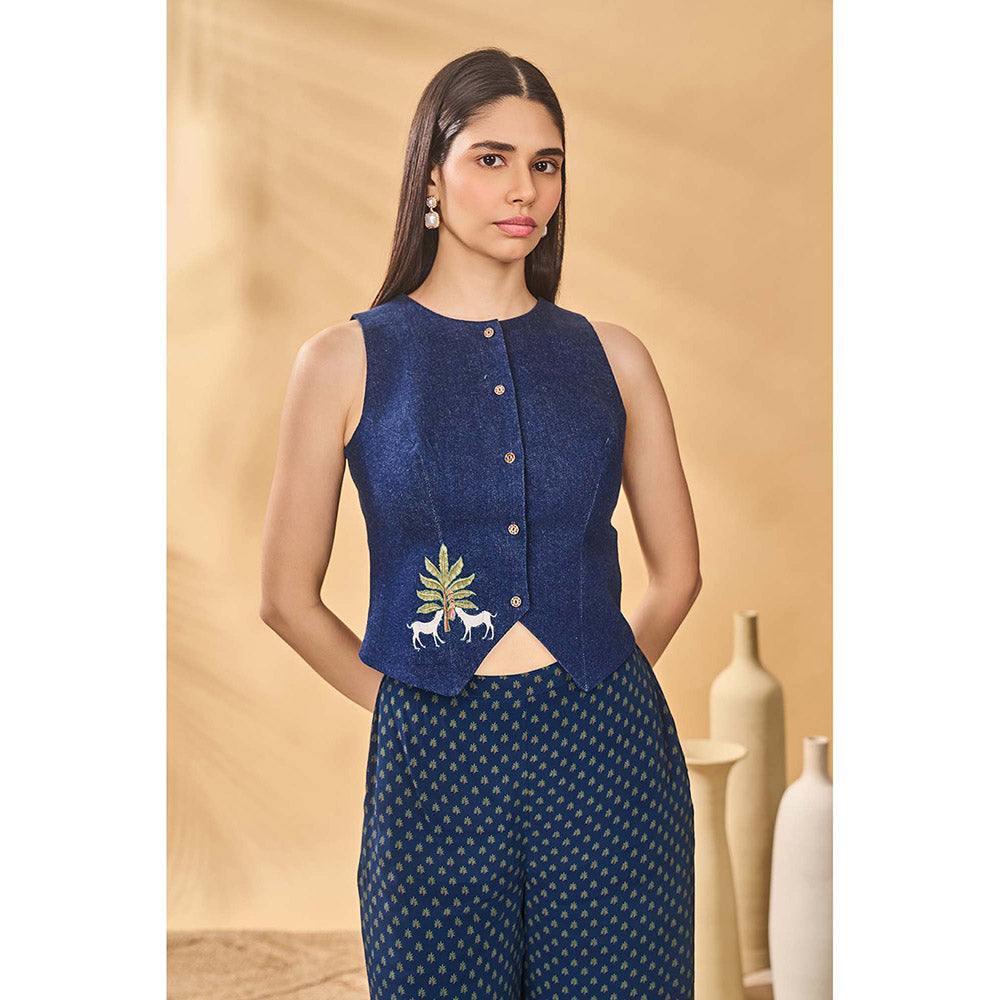 Masaba Blue Paw Tree Denim Waistcoat with Pant (Set of 2)