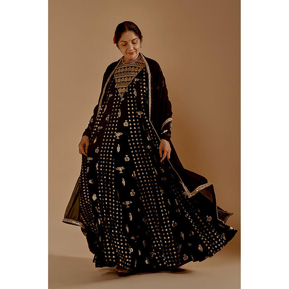 Masaba Black Gold Potters Touch Anarkali with Dupatta