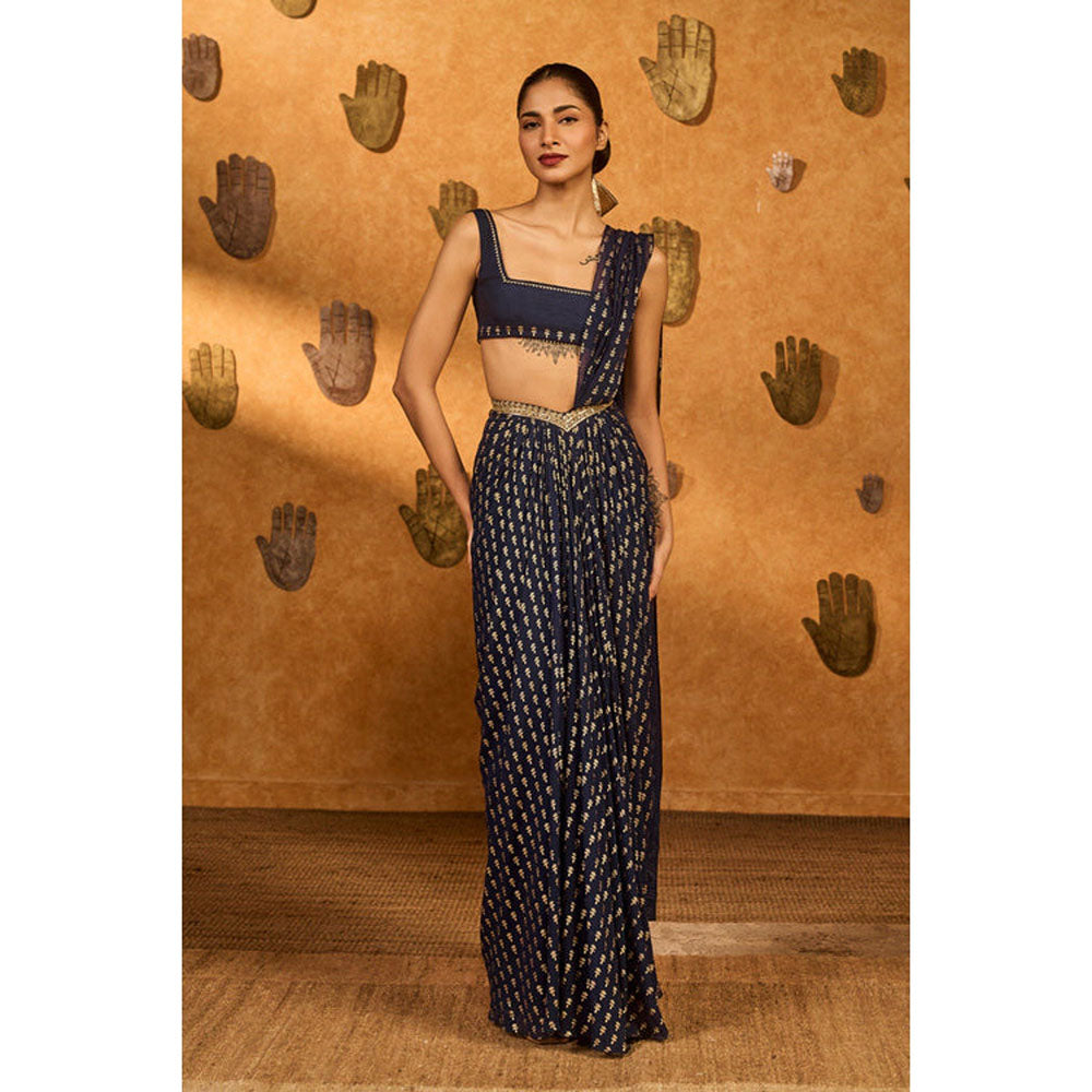 Masaba Navy Blue Snow Light Stitched Saree with Stitched Blouse