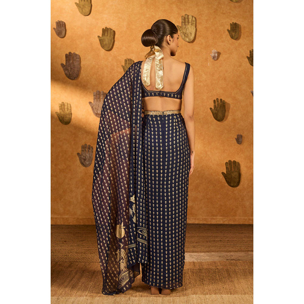 Masaba Navy Blue Snow Light Stitched Saree with Stitched Blouse