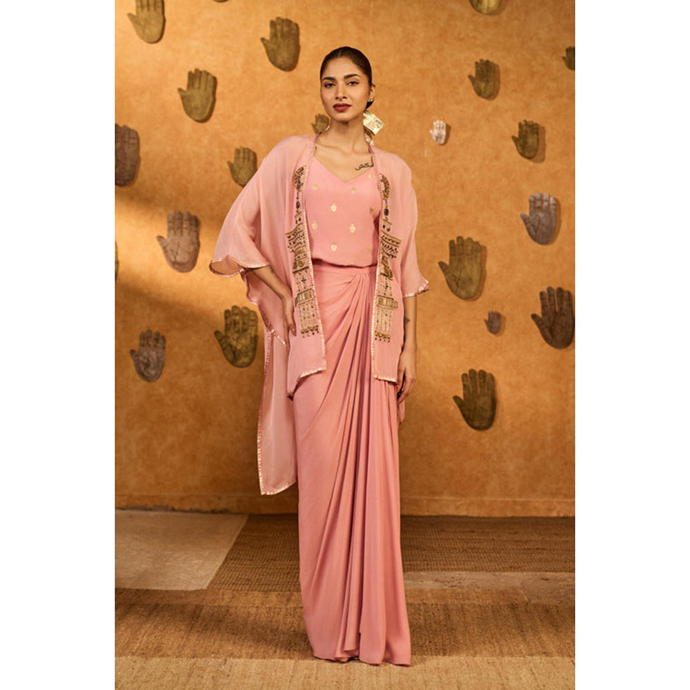 Masaba Champagne Pink Heartbeat Draped Skirt with Camisole and Cape