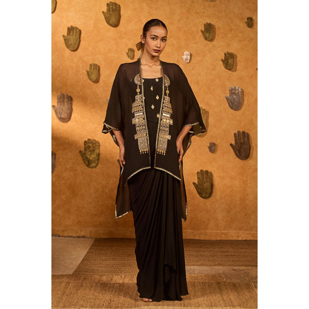 Masaba Brown Heartbeat Draped Skirt with Camisole and Cape