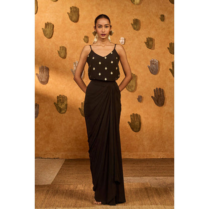 Masaba Brown Heartbeat Draped Skirt with Camisole and Cape