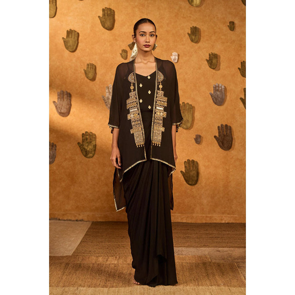 Masaba Brown Heartbeat Draped Skirt with Camisole and Cape