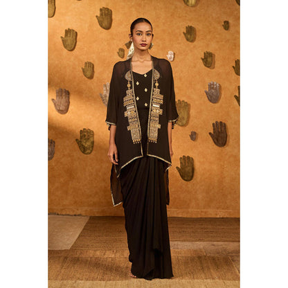 Masaba Brown Heartbeat Draped Skirt with Camisole and Cape
