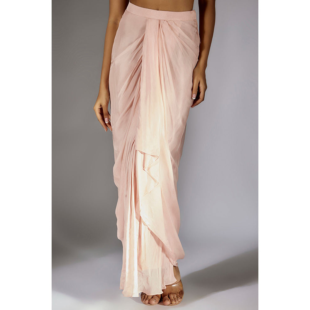 Masumi Mewawalla Peach Pink Solid Drape Skirt With Ombre Ruffle Dupatta (Set of 3)
